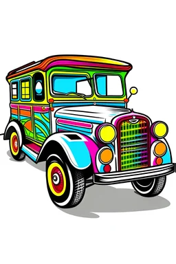 remove the background, white background, turn this vintage colorful jeepney, black outline