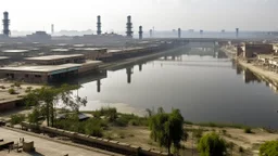 A modern view of Khambhat, showcasing its industrial sector with factories, workers, and the skyline reflecting economic growth.