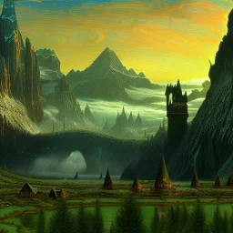 Epic Drawing of mordor scenery with elves of The Hobbit estilo Van Gogh 4k