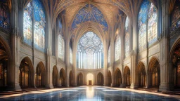 futuristic fantastic symmetrical cathedral internal view, year 2080, sunshine, beautiful, colorful, totally symmetrical design, style William Morris, English arts-and-crafts movement, innovative architecture, award-winning photograph, awesome, serene, inspiring, spiritual, impressive, Cinematic lighting, Epic composition, Photorealism, Very high detail, Unreal Engine, Octane render, HDR