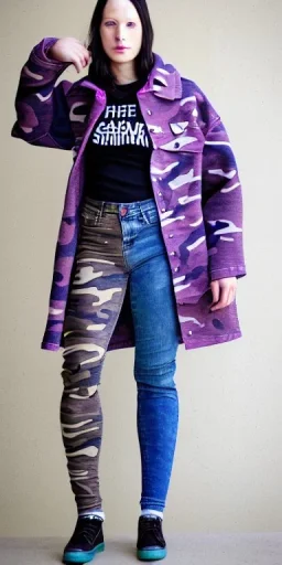 Model, woman. sérigraphie on denim with purple, lilac, forest green and crimson red colors. Camouflage patterns are screen printed on denim. Woman in her 30's. thick thighs, thick calves, flat belly, wide hip. Mantle made of recycled Denim by sewing. Sewed camouflage patterns together. Big bright purple and blue felt pieces makes mantle, which is merged with satchel. purple tippet and cream-colored-hood. AKG headphones is merged with small felt cap with small visor. Haute Couture 1990's