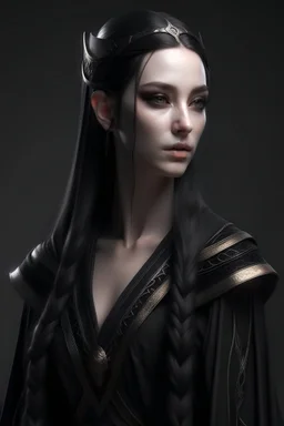 female high elf noble wizard with elf ears, dark black eyes and very pale skin long jet black hair with some with braids some loose, black robes photo realisim fantasy dungeon and dragons