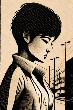 Mujer con el cabello corto caminando por la calle , xilografia, duo tono