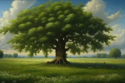 ultra photo realistic tree of life in meadow english countryside from a distance scenery painting