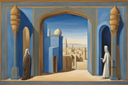 an open gothic_arab gate in a blue-tiled wall with a view of an old city by artist "de Chirico",by artist "Leonora Carrington"