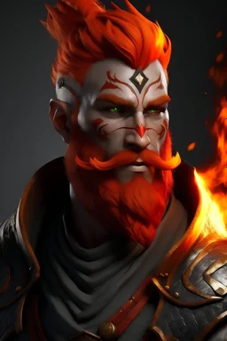 A male fire genasi with ashy gray skin with lava cracks and red hair and beard