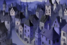 A grayish purple haunted town with a chateau painted by The Limbourg brothers