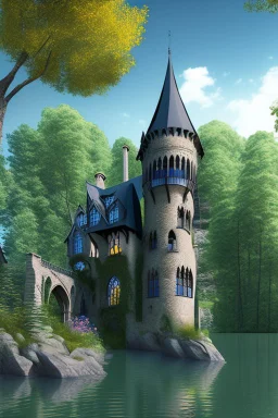 medieval gothic house built into a rock, lake, trees, arches, balconies, bridges, verandas, foliage, sunny blue sky