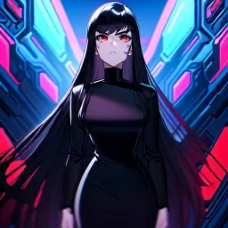 Clear Focus High resolution, black long hair, red eyes, 80s style, cyberpunk city in background, black dress outfit, serious face expression.