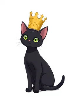 thin black cat on white background, sitting proud, wearing a tall crown, anime