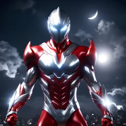 Ultraman , heroe super powers., 32K, HD RESOLUTION, 3D RENDER, RED WHITE COLORS CHROME METAL, helmet, ATHLETIC STRONG BODY, COMBAT ATTITUDE, , at night thunderS, night, moon, , SWORDS, SILVER CHROME, dark fantasy, illustration, cinematic, 3d render, conceptual art, anime