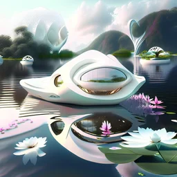 Floating house on the shore of a lake five water plants and flowers futuristic style Zaha Hadid white paint art creamy glasses creative 8k