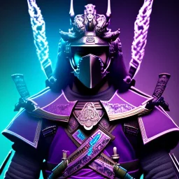 full body samurai purple masked villain in galaxy, teal and purple smoke, detailed, realistic, 4k