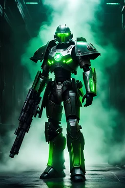 Warhammer 40k, Necron in Terminator Armour, full body image, ready to the battle field, visor-helmet, shimmering metal, fog in the background, mythical raytracing, arcane glow, energy sparks emanating from the armour, visor glowing in a luminous and vibrant green