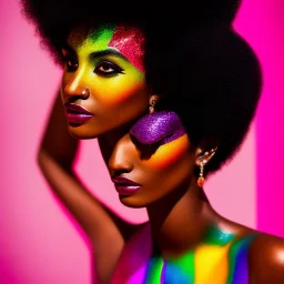 masterpiece, best quality, woman, dark skinned, sparkling eyes, fluorescent skin, colorful makeup, afro, head shot, highly detailed body, sun light, 4K, RAW, depth of field, high contrast, realistic details, 24mm