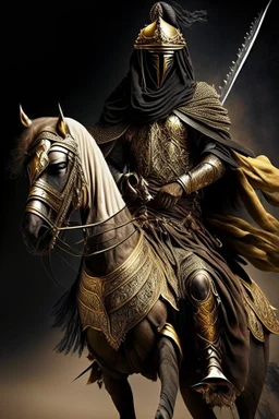 Arab warrior Full Body Full Armored Wearing Face Masculine Mysterious Powerful Fantasy High Quality Carrying his bow Golden clothes His horse behind him