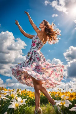 The camera zooms in, focusing sharply on very beautiful German girl with make up Lily wearing pretty dress as she dances gracefully in the same romantic environment with flowers and sky with nice clouds. Her joy and youth are presented against the backdrop of the surreal surroundings.