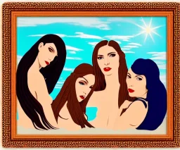 Very sensual gorgeous 3 women "Las tres gracias" Post modern art. 3 young white woman brunette hair maiden dressed in blue posing sensually with plaits,In and out of an empty surreal picture frame. Background a desert, sunshine beams divine bright soft focus holy in the clouds steampunk engine.