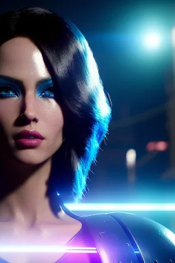 Futuristic fantasy character, portrait from waist up, physically fit, latex and leather attire, blue eyes, multicolor hair, intricate eyeliner, vibrant eyeshadow, clear completion, soft lighting, 4k resolution, intricate details, insanely detailed, colorful cityscape background, masterpiece, expert, cinematic smooth, retroanime style, realistic details, no helmet