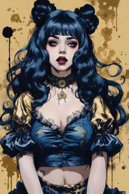 Poster in two gradually, a one side malevolent goth vampire girl face and other side the Singer Melanie Martinez face, full body, sit pose, painting by Yoji Shinkawa, darkblue and gold tones,