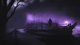 walking straight ahead over a wooden bridge, holding the angel of death with your right hand, entering the fog at the end of the road that leads to the afterlife, and a beautiful sunset and galaxy's behind the fog, realistic