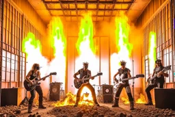 A hard rock band made up of Terminators performs in a burning building.