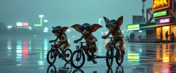 girls with glasses and ticks, cyberpunk imagery synchronized mechanical gremlin rat bat drumming kit trike flickering stable core, wet reflective salt flat city