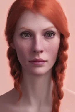 Woman 95 anni, cute, beautiful, orange hair, two braids, wild bangs, blue eyes, big eyes, freckles, long eyelashes, pink lipstick, thin lips, small nose, Gillian from Practical Magic, 8k resolution concept art portrait by Greg Rutkowski