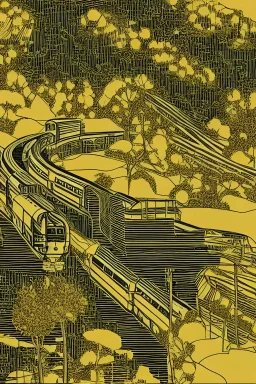 platinum outline of a train on gold paper, high contrast, beautiful countryside landscape, detailed full-color, nature, HD photography, Tishk Barzanji, autoCAD moonscape CorporateMemphis