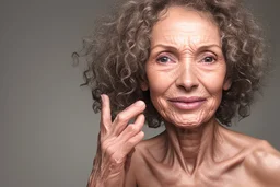 Generate an 8K UHD image of a 65-year-old skinny, curly-haired lady eagerly unwrapping a massive gift. Delicate hands embrace the present, her right hand holding a large, shiny piece of coal. Her face, a masterpiece of contradictions—wrinkled forehead and squinted eyes betray trapped desperation, while her wide-open mouth emits a scream of rage so intense that saliva flies. Capture the collision of emotions, depicting the woman on the brink of joy and desperation as she confronts the culmination