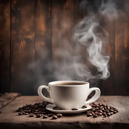 Cup of coffee with smoke and coffee beans on old wooden background