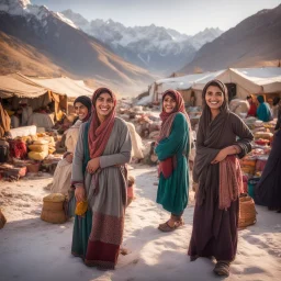 Pakistani Pukhtoon Young Women smiling at sunrise riverside & snowy mountains with a typical crowded village market