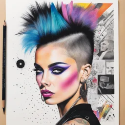 Open Journal With Colored Pencil Drawings Of Punk woman and collages