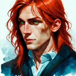 dnd, fantasy, watercolour, stylistic, portrait, illustration, dull colours, male, face, narrow long face, weathered face, green eyes, determined, happy, red hair, very long hair streaming down the shoulders, radiating light, five o'clock shadow