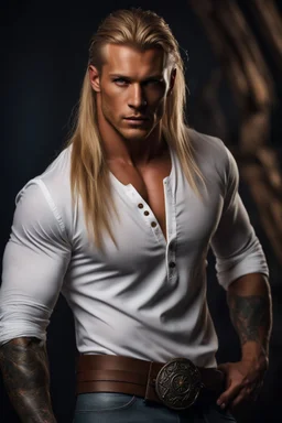 stunningly handsome viking, muscular, long blonde hair, male age 30, wearing jeans and a longsleeved white shirt, tan skin, tattoos,photorealistic 4k, dark fantasy