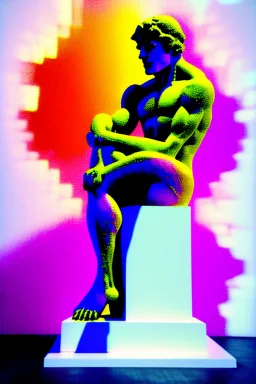 Artistic photo in the audacius style of Jill Greenberg, upclose striking image about "The Thinker statue", the statue as main focus in a white room with his body covered in movie scene shadows playing on the body about news and movie scenes. Exploding into the air are colourful matrix data and virtual numbers, on the floor are broken pieces of statue, questioning the role of deep thought in an increasingly digital and disconnected world, , extravagant, barroque escene