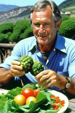 President George Bush painted puking up broccoli on the island of japan