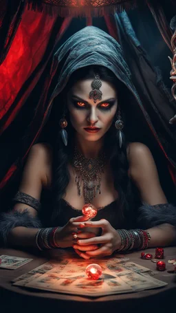 Hyper Realistic photographic-view of Wicked-&-Beautiful-Fortune-teller-with-glowing-red-eyes wearing black-beed-necklace-&-bracelet angrily Looking at her crystal-ball glowing magically & sitting in her tent at dark-night decorated with fancy-traditional-feathers-&-tarot-cards showing dramatic & cinematic ambiance"