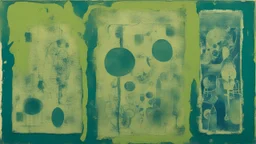 abstract painting, apathy, grotesque, art brut, outsider art, calotype combineted lime green and random color , cyanotype , conceptual art,