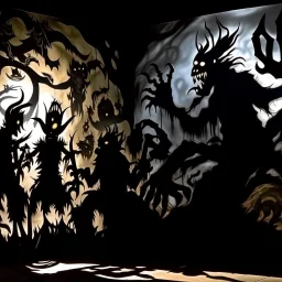 A black dark demented dimension with shadow monsters designed in Javanese shadow puppets painted by John Singer Sargent