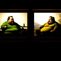 (fineart:1.5, masterpiece1.5) (realism:1.5) award winning picture of award winning fat, beardedd, 'fat man' (watching tv:1.8), tv in frame , two panels, the first panel is taken from the pov of the tv, it looks out and sees a vision of suburban decay, back lit with a cold color pallete, the only vibrant color we see is the aloe vera plant on his bookshelf, pov of 'fat man'