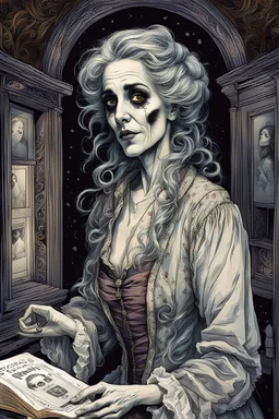 create an imaginative drawing of the pale translucent ghost of an aged Parisian gypsy female fortuneteller, clothed in tattered and ragged, ornate Napoleonic period dress, with finely detailed hair and feminine facial features, in the otherworldly shadows of the Paris catacombs, tarot cards and spell books scattered about, in the comic book art style of Bill Sienkiewicz, Mike Mignola, and Jean Giraud Moebius, finely textured, drawn, colored, and inked