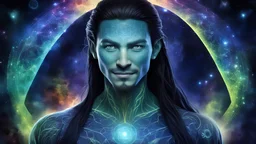 beautiful gorgeous young man na'vi with long hair, Avatar, blue skin, two small ears, green eyes, blue skin, black hair, in cosmic suit, galactic ambiance, medium pointy goatee , smiling, nebulas and sacred geometry light figures on the backgroud,