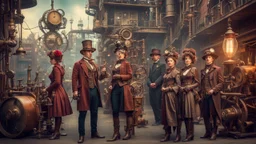 Photographie primée d'un groupe de personnes steampunk, anatomie parfaite, vêtues de vêtements complexes de l'époque victorienne, faisant fonctionner des machines et des inventions steampunk dans un paysage urbain steampunk animé, rétro-futuriste, révolution industrielle, science-fiction, environnement détaillé, éclairage d'ambiance, mécanique merveilles d'ingénierie, engrenages et tuyaux, couleurs vibrantes, photoréaliste, histoire alternative, esthétique art nouveau, détails élevés, 16k.