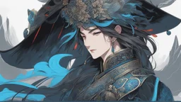 A man wears a black glass helmet and Chinese clothes , black and blue color, solo leveling shadow drawing style, neon, intricate details, highly detailed, high details, detailed portrait, masterpiece,ultra detailed, ultra quality