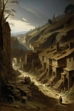 A dark brown underground mining village painted by Francis Danby