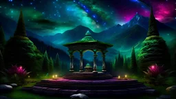 my dreams . podium for meditation , day landscape, In the garden my mind bows . meditation . ancient palace built in the jungle , mountains. space color is dark , where you can see the fire and smell the smoke, galaxy, space, cosmos, panorama. Background: An otherworldly planet, bathed in the cold glow of distant stars. Northern Lights dancing above the clouds in amazon. Fantasy gate floating in the universe