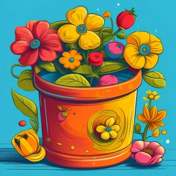 Flowers In Soup Can Wall Art in the style of detailed botanical illustrations, colorful cartoon, exotic atmosphere, 2d