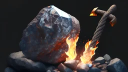 hyperrealism maximum details side view Glass Rock and Stone hexer holding a flaming axe in his hand