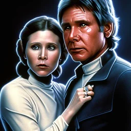 carrie fisher embracing harrison ford, waist up portrait, photorealistic faces, intricate, oil on canvas, masterpiece, expert, insanely detailed, 4k resolution, cinematic smooth, intricate detail , soft smooth lighting, soft pastel colors,